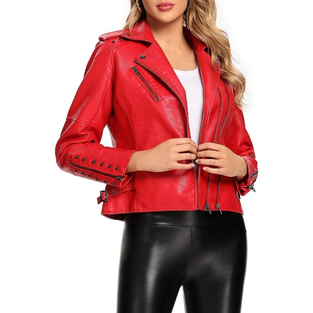 ✨ Women Red Faux Leather Jacket Double Zip Up Coat Outwear with Rivets Jackets